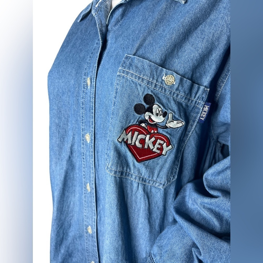 Vintage Mickey Mouse Unlimited Embroidered Button Up Denim Blue Jean Shirt - Picture 5 of 12